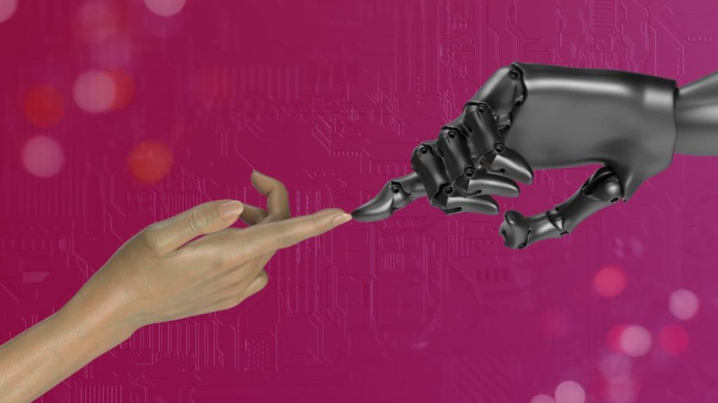 Illustration of outstretched human hand and robot hand touching index fingers