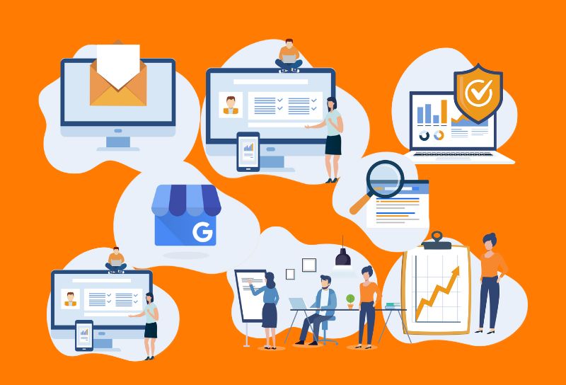 Illustration of various office scenes against orange background