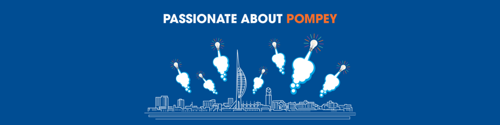Graphic with title Passionate about Pompey and a line drawing of the Portsmouth skyline