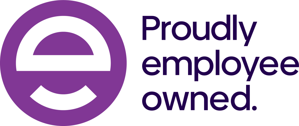 Employee Ownership Association logo with the words Proudly employee owned written next to it.