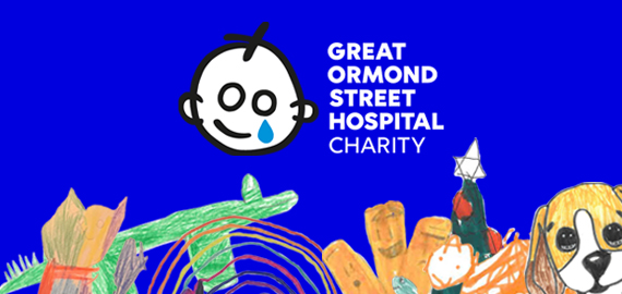 Great Ormond Street Hospital Charity logo on a blue background surrounded by children's drawings