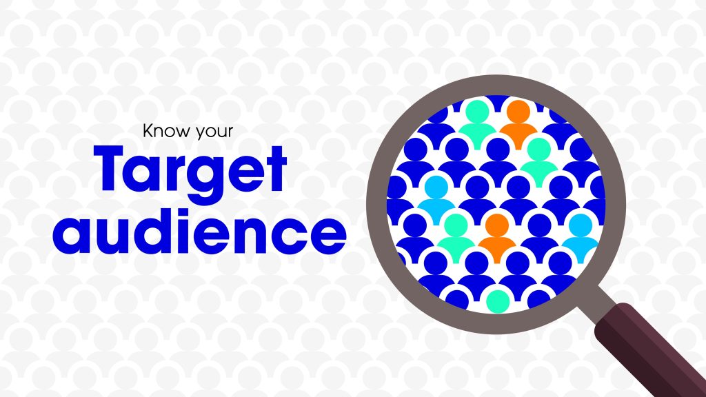 The words "Know your target audience" in blue on an abstract grey background with people profile sillhouettes. On the right side of the image a magnifying glass is filled with silhouettes in blue, mint green and orange.