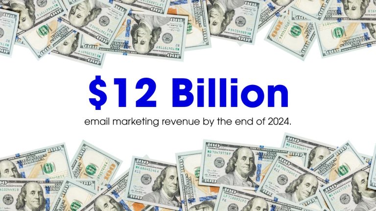 Graphic depicting $100 bills strewn across a white background with a headline that reads '$12 Billion email marketing revenue by the end of 2024"