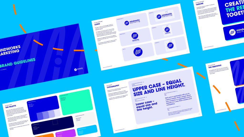 A series of brand guidelines pages displayed on a blue background, showing sections such as logo usage, typography, color palette, and tagline. The guidelines feature the branding for 'Mindworks Marketing' with a focus on vibrant colors, modern typography, and a distinctive squiggle logo.