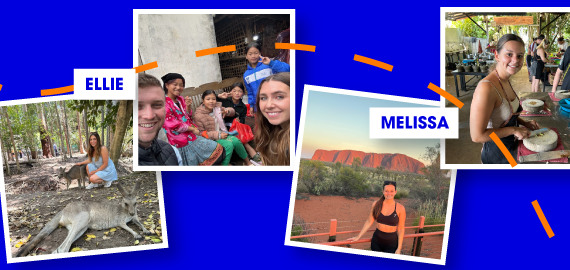 Collage of photos on a blue background looking as though they are polaroids. They feature Ellie and Melissa during their sabbaticals. Ellie is pictured with a kangaroo, with a group of local children, and at a scenic location. Melissa is shown at a cultural cooking class and in front of a natural landmark - Uluru, Australia.