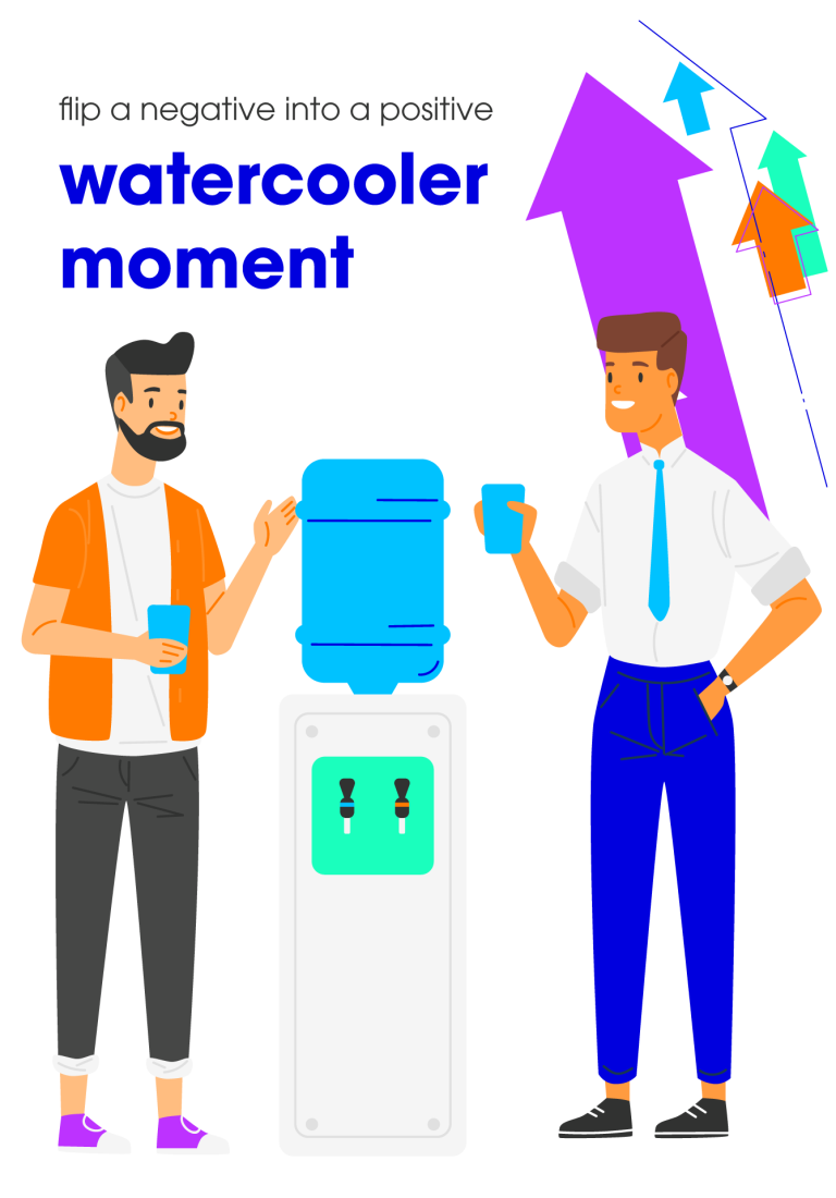 A stylised illustration of two men in smart workwear standing around a watercooler discussing something. There are a series of colourful arrows pointing upwards and there is text that reads: "flip a negative into a positive watercooler moment."