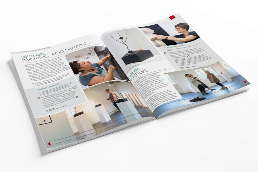 Mockup of a spread in West Dean College's prospectus.