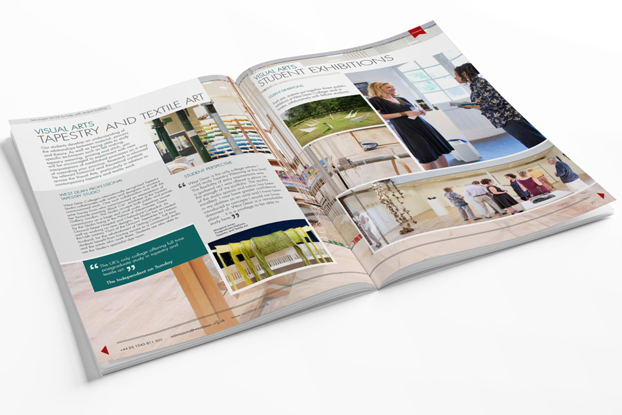 Mockup of a spread in West Dean College's prospectus.