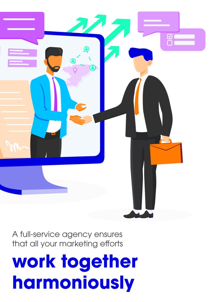 Illustration of two businessmen shaking hands, one emerging from a computer screen. Text reads 'A full-service agency ensures that all your marketing efforts work together harmoniously.'