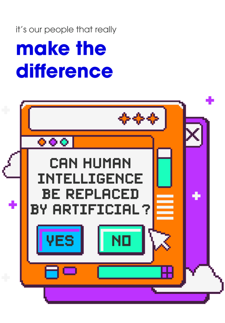 A pixel-art style illustration of a retro computer window with a poll asking, "Can human intelligence be replaced by artificial?" Two buttons labeled "YES" and "NO" are displayed. Above the window, text reads, "It’s our people that really make the difference." The background features a mix of vibrant purple, orange, and blue colors with pixelated design elements.