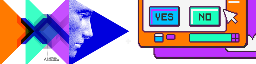 A stylized, abstract digital artwork combining a pixel-art computer interface with geometric shapes and a halftone human face. On the right, the pixel-art window has "YES" and "NO" buttons, while the left side features overlapping triangles in bold blue, green, orange, and purple. The words "Artificial Intelligence" appear subtly in the design.