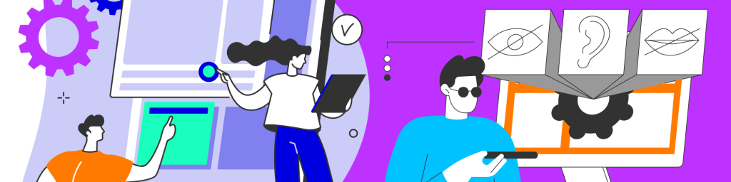 Illustration of people interacting with digital interfaces, featuring icons representing visual, hearing, and speech disabilities, emphasizing inclusive web design.