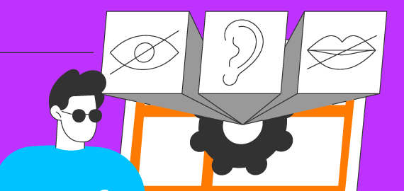 Illustration of a visually impaired person using technology, with icons symbolizing vision, hearing, and speech impairments emerging from a monitor, representing web accessibility tools.
