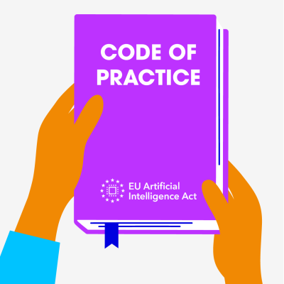 Illustration of two hands holding a purple book titled "Code of Practice" with the logo and text "EU Artificial Intelligence Act" on the cover.