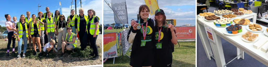 Banner collage featuring MindWorks colleagues in hi-vis vests at a charity litter pick, smiling medal-winners at a charity walk event, and a table of homemade cakes set up for a fundraising bake sale.