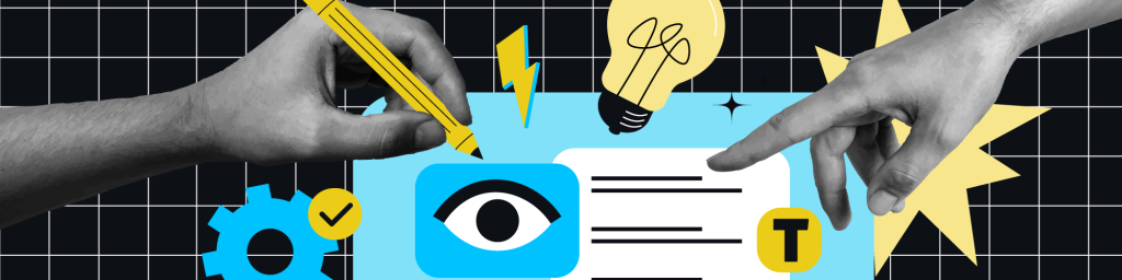 Collage-style graphic with illustrated hands drawing and pointing at design elements, including an eye icon, lightbulb, cog, and text blocks, representing creative website design and build.