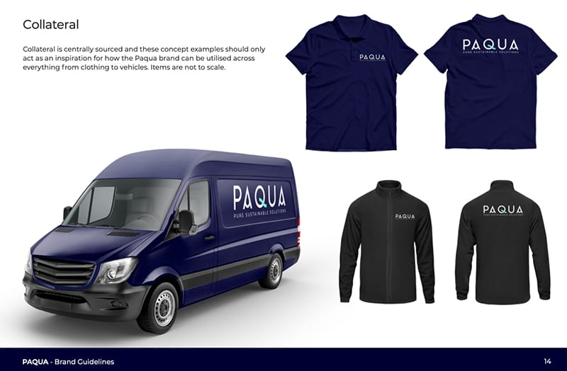 Example page from the brand guidelines produced for Paqua 